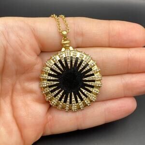 Signed J.CREW Black Gold Tone Starburst Glass CZ Pendant Art Deco 25"+2"